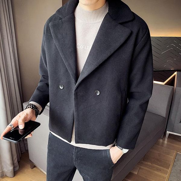 

legible men wool coat mens casual winter jacket man turndown collar jackets coats male casual solid mens wool jacket, Black