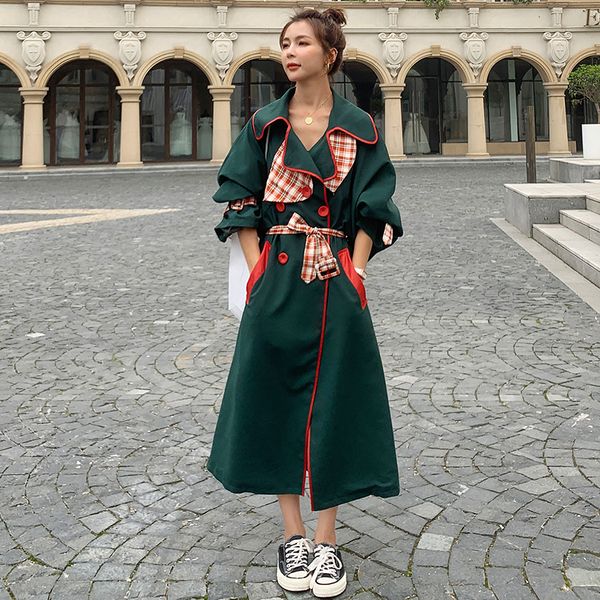 

2021 new female blouse spring fall new long fashion korean plaid lacquer double breasted jacket female6z mgcu, Black;brown