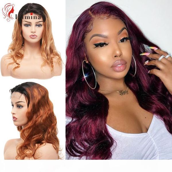

brazilian ombre human hair wigs body wave 4x4 13x4 lace closure frontal wig 1b 27 1b 30 1b 99j 180% density remy hair for women, Black;brown