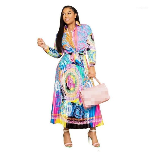 

2019 autumn latest fashion floral printing women two pieces dresses suits long sleeves turn down neck shirt pleats skirt sets11, White