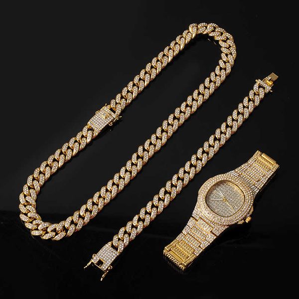 

gold necklace +watch+bracelet hip hop miami curb cuban chain gold full iced out paved rhinestones cz bling for men jewelry, Silver