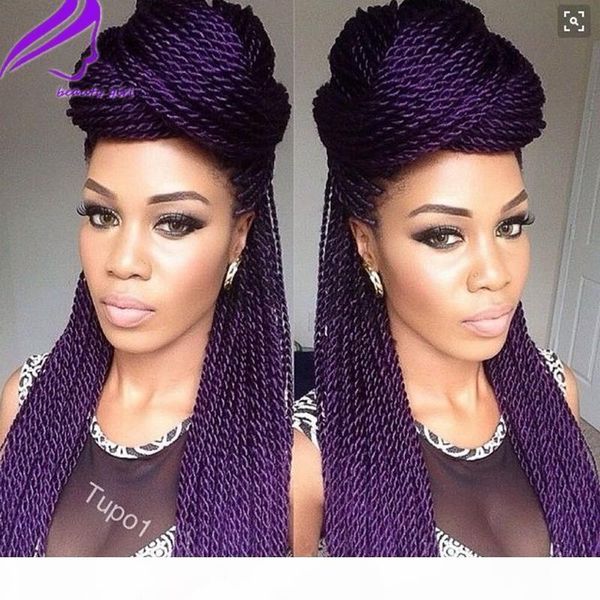 

long straight fully hand braided lace front wigs purple brown black blonde senegalese rope 2x twist synthetic handmade wig for black women