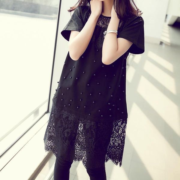 

summer new 2019 women round neck lace stitching dress plus size casual loose short sleeve hollow out dress white black vestidos, Black;gray