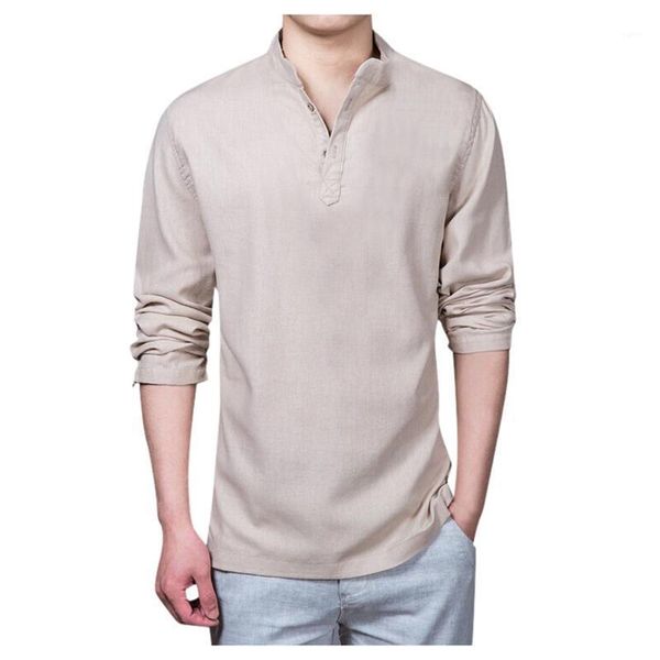 

men shirt ethnic style solid long sleeve shirt male cotton linen chinese style slim 2020 stand collar1, White;black