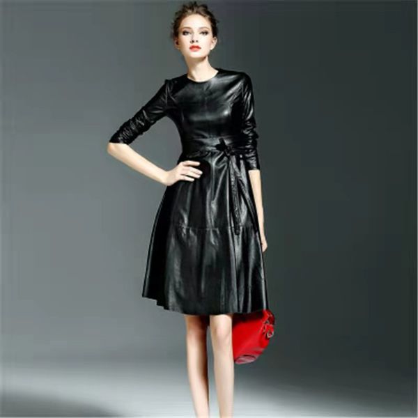

2020 autumn and winter leather skirt european and american simple long sleeves solid color round collar temperament all-match slim dress pu, Black;gray