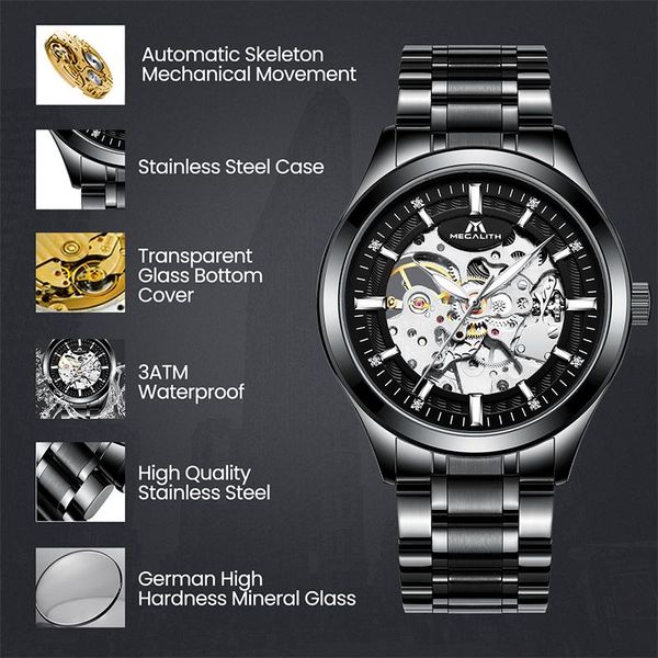 

megalith mens meanical matic watches мужчины лучшие бренд роскошные скелетные часы нержавеющая сталь водонепроницаемые часы montre homme jll, Silver