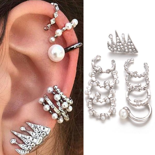 

sexemara 9pcs boho ear cuff brincos simulated pearl ear clip earrings set women statement bohemia crystal ear cartilag earrings, Golden