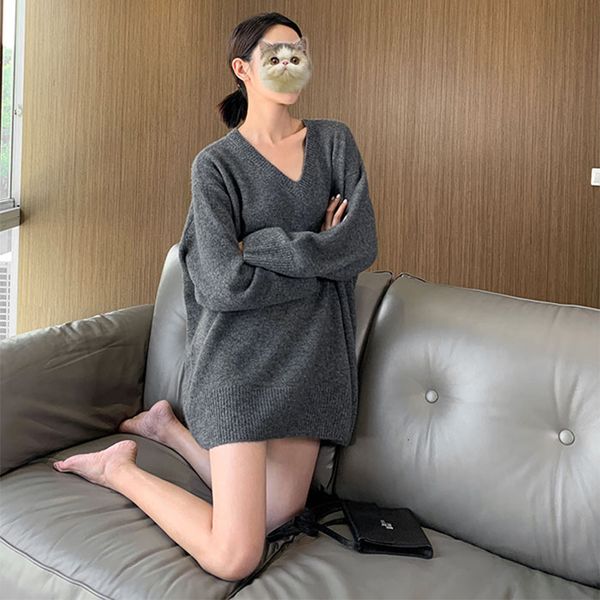 

2021 korean style loose sweaters for women wool blend knitting pulloves winter new fashion 3colors vneck female jumpers n5uw, White;black