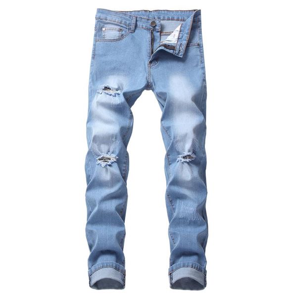 

hole slim stretch jeans men ripped bleached full length distresses washed vintage male fashion denim trousers, Blue