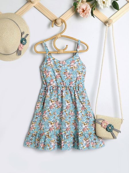 

toddler girls floral print frilled waist ruffle hem cami dress she, Red;yellow