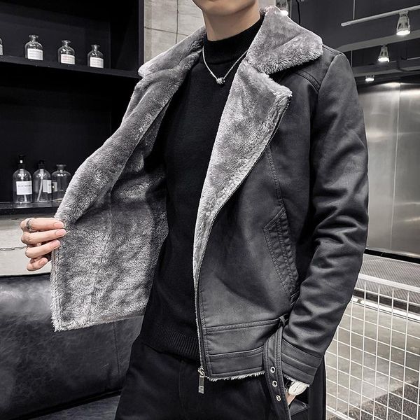 

men's fur & faux thick cotton one loose coat 2021 fashion solid color winter luxury male slim korean jacket, Black