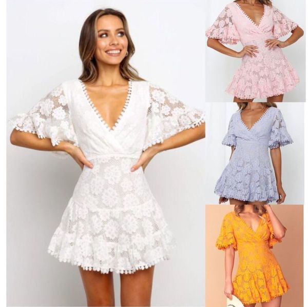 

new v-neck patchwork short sleeve 2020 lace dress, Black;gray