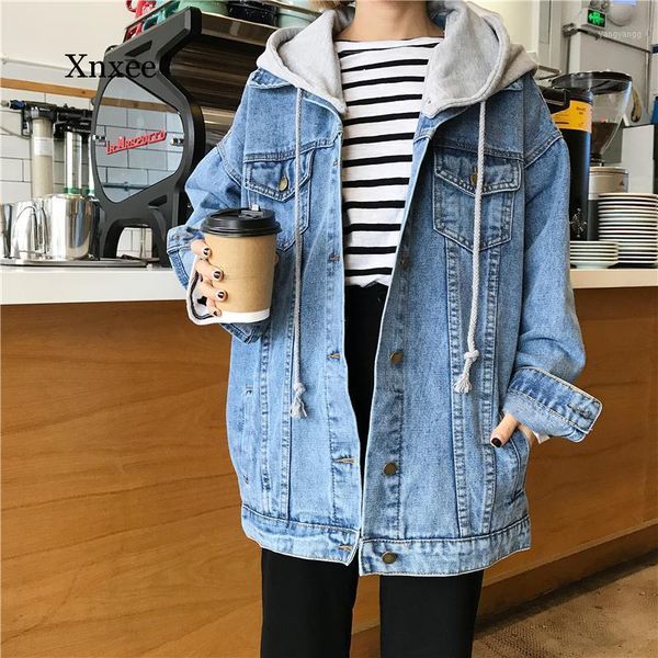 

2020 spring autumn korean style hooded denim jacket women outerwear oversized loose vintage student jeans jacket coat female1, Black;brown