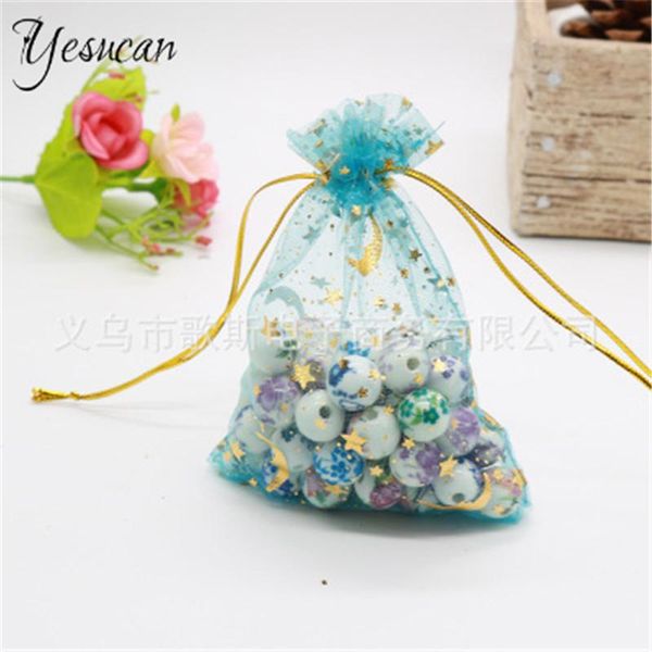 

100pcs/lot moon star organza bags 7x9 9x12cm 12x16cm small christmas drawstring gift bag charm jewelry packaging bags & pouches, Pink;blue