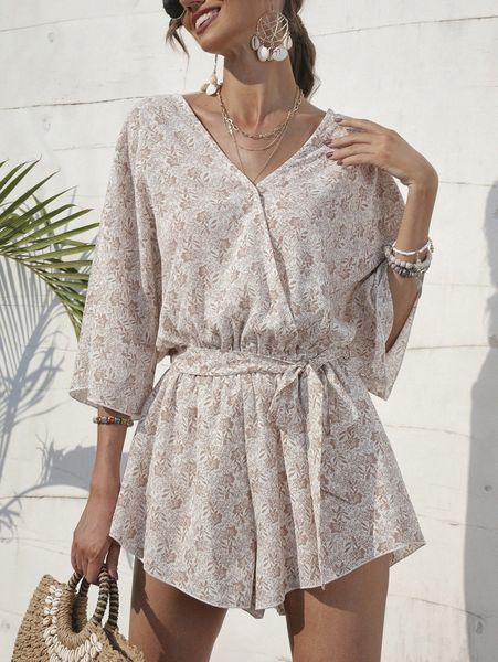 

allover floral print batwing sleeve belted romper v7zr#, White