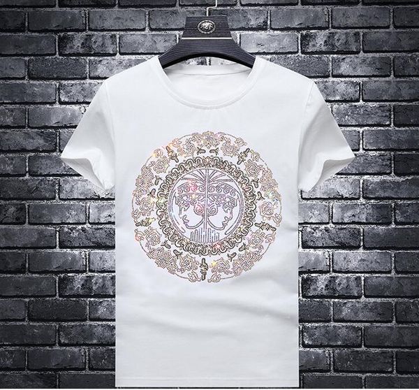 

plus size rhinestones t shirts men streetwear o neck slim short sleeve tshirts young man gifts 02, White;black