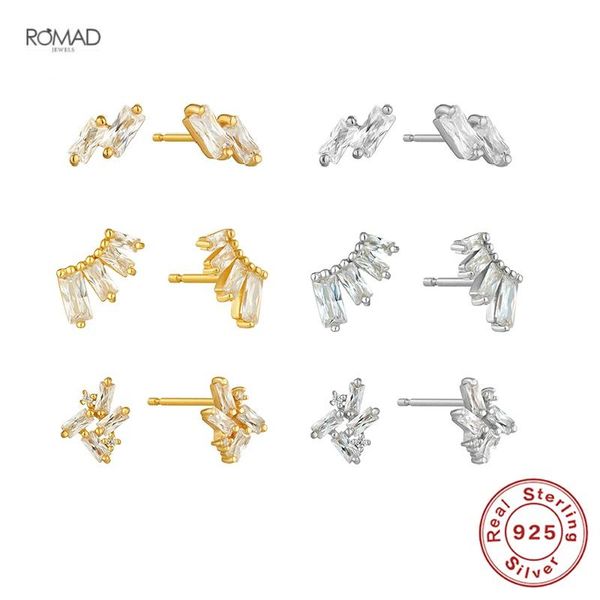 

stud romad rectangle zircons earrings for women minimalism geometric 925 sterling silver pierced earings jewelry gift kolczyki, Golden;silver