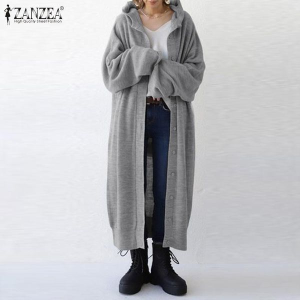 

zanzea autumn hoodies long jackets outwear 2020 women hooded long sleeve cardigan kaftan open front casual solid thin coats, Black;brown