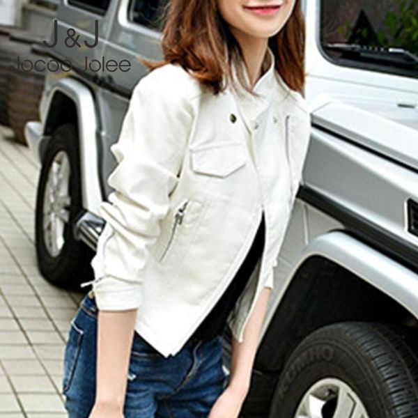 

jocoo jolee women rivet zipper motorcycle faux soft leather coats female slim paragraph lapel pu jacket casual white pu jacket, Black;brown