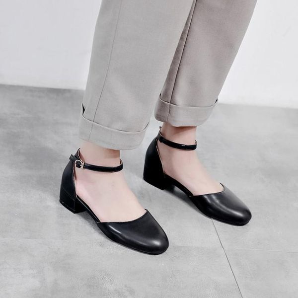 

big size high heels sandals women shoes woman summer ladies rough-heeled square-headed buckled high-heeled sandals, Black