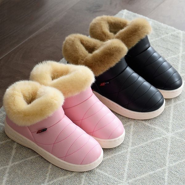 

women snow boots winter warm fur ankle men couples thick soled cotton shoes flats waterproof slip on botas mujer zapatos, Black