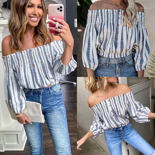 

women summer elegant striped one word blouse shirt strapless lantern sleeve loose casual 1, White