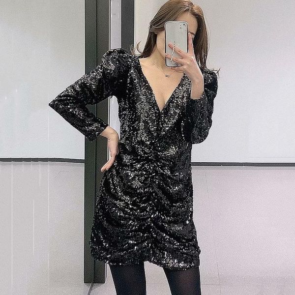

seebeautiful sequins stitching loose mini dress v-neck puff sleeve simple new fashion 2021 spring women m795, Black;gray