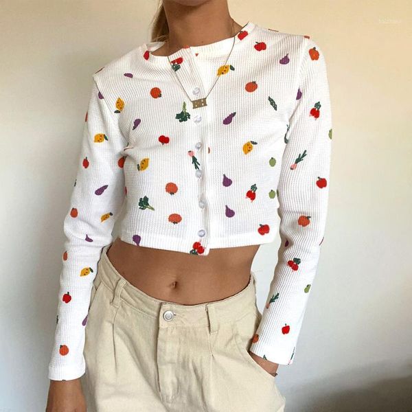 

women stylish shirt long sleeve fruit vegetable print crop fashion buttons blouse casual knitted for women ladies1, White