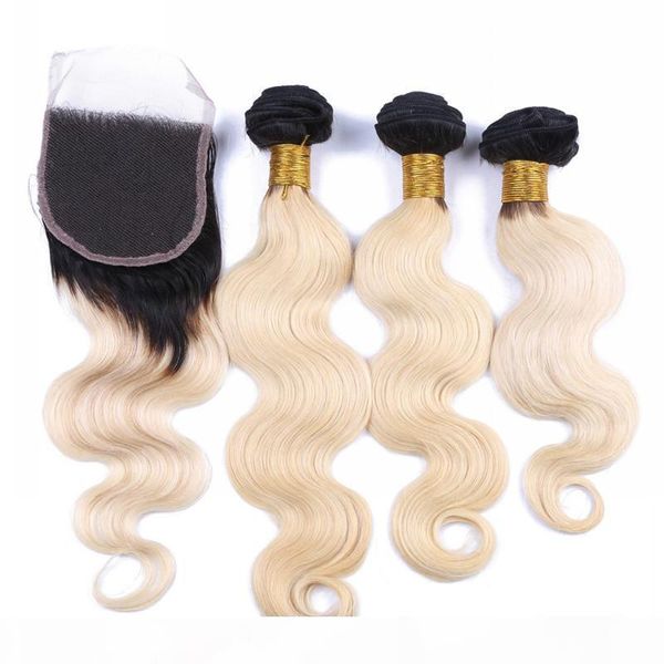 

body wave 1b 613 dark root ombre 4x4 front lace closure with 3bundles 4pcs lot virgin brazilian blonde ombre hair with closure, Black;brown