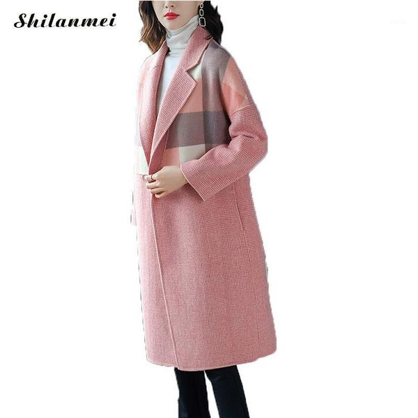 

pink wool blend overcoat women long style plaid woolen coat women korean ladies fashion outwear long woolen coat1, Black