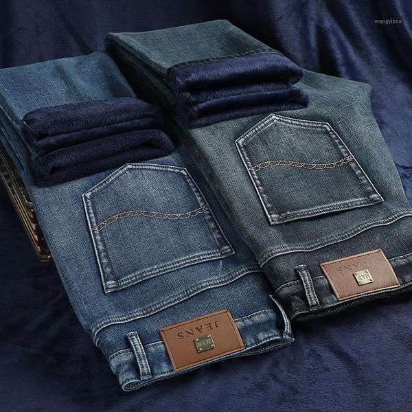 

winter thermal warm flannel stretch jeans 2019 new mens fleece pants men slim fit straigh casual trousers1, Blue