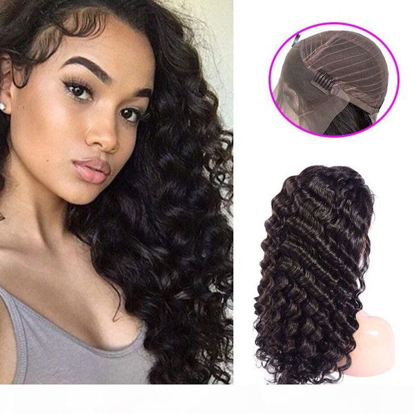

malaysian virgin hair 13x4 lace front wigs deep wave 10-24inch adjustable band pre plucked human hair lace wigs deep wave curly, Black;brown