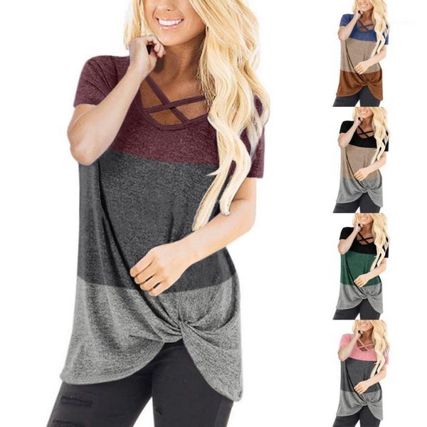 

fashion cross patchwork t-shirt knot casual women tshirt loose ladies summer female short sleeve shirt blusas pullover1, White
