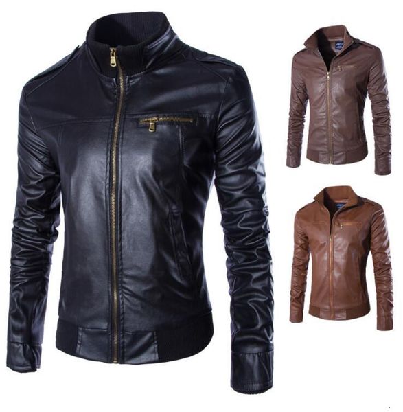 

motorcycle leather jackets men solid business casual coats autumn winter leather clothing bomber jacket for male, Black