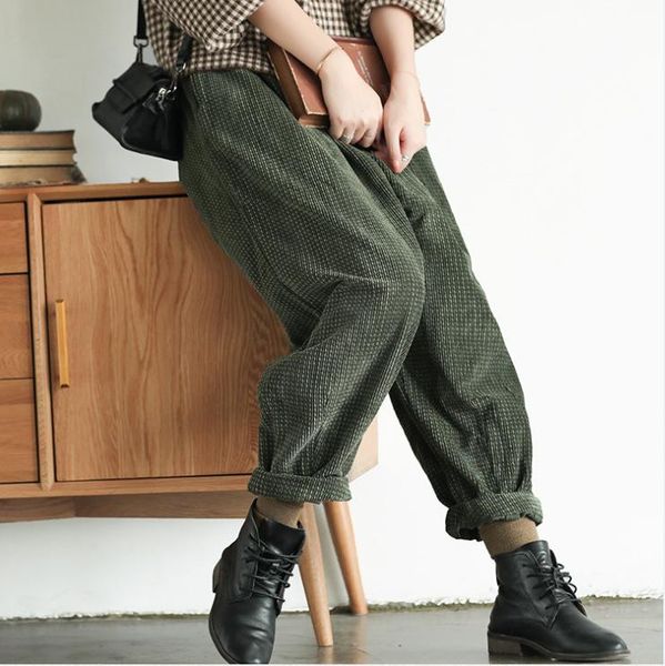 

autumn winter large size pants retro women casual corduroy trousers ladies new elastic waist loose striped all-match pants, Black;white