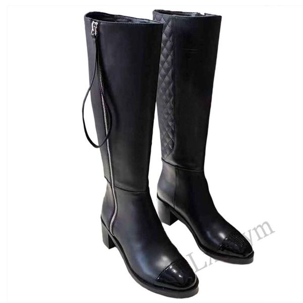 

boots classic knee high for women natural cow leather round toe side zip ladies fashion lady solid color shoes fall winter heels, Black