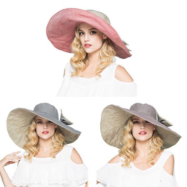 

womens upf 50+ foldable floppy reversible ultra large wide brim beach sun hat contrast color bucket cap with detachable 2xpd, Blue;gray
