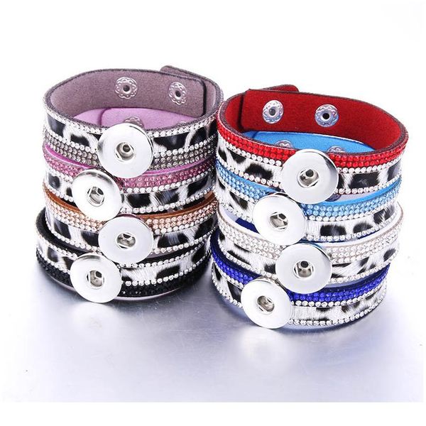 

leopard print snap button bracelet adjustable leather bracelet 18mm snap buttons rhinestone leather cuff bangles jewe bbyama, Golden;silver