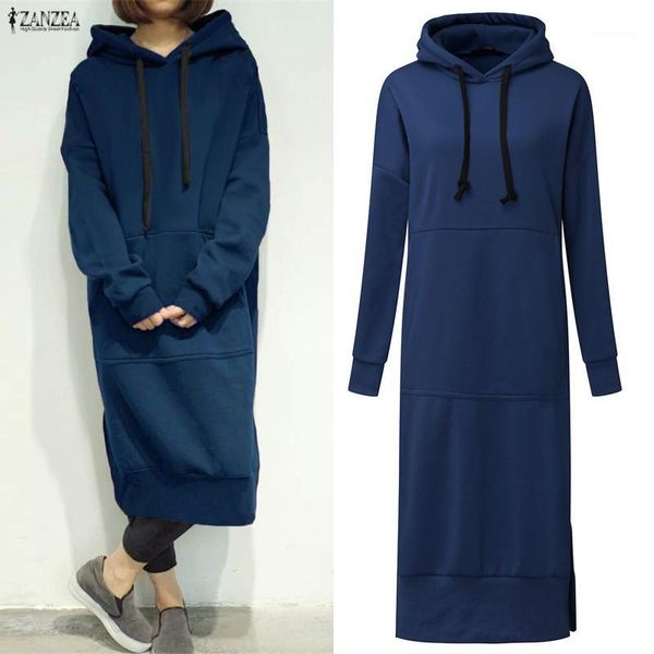 

2020 plus size zanzea autumn women casual hooded long sleeve split fleece basic pullover vestido winter long sweatshirt dress1, Black;gray