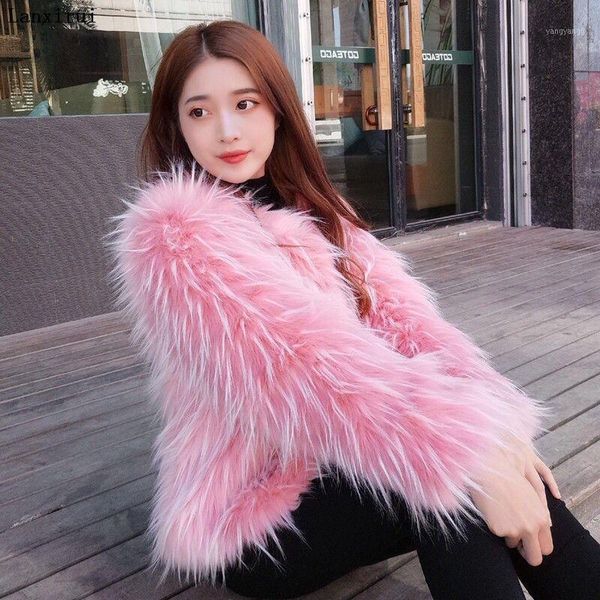 

short fur coats new fashion slim women fake raccoon fur coat with natural collar winter coat oversize1, Black
