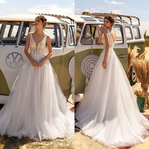 

new arrival a line lace wedding dresses deep v neck appliques beach bridal gowns backless sweep train wedding dress custom, White