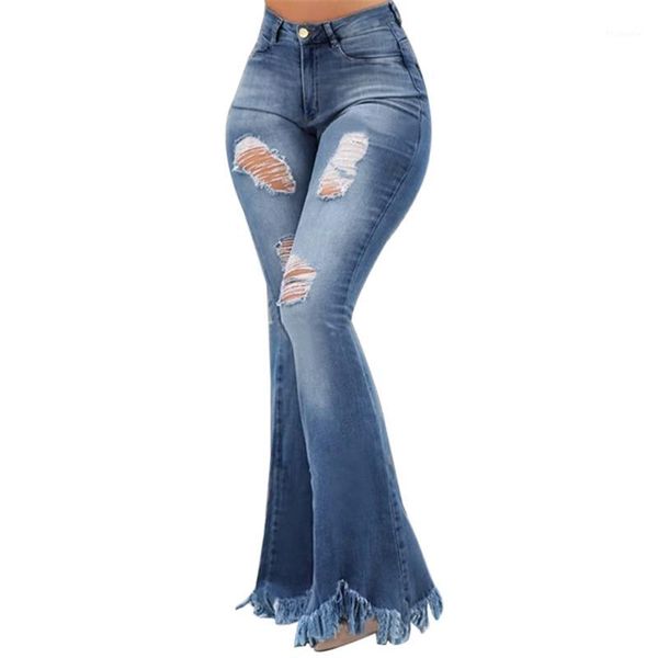 

calofe 2020 women denim pants women's solid color trousers female full length pants pantalon femme hole ripped jeans soft1, Blue