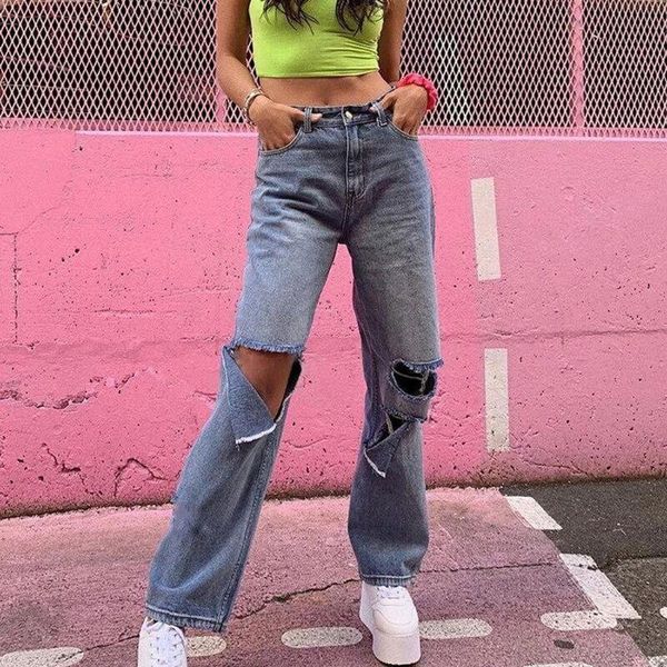 

women high waist destroyed flare jeans ripped hole wide leg denim long pants, Blue
