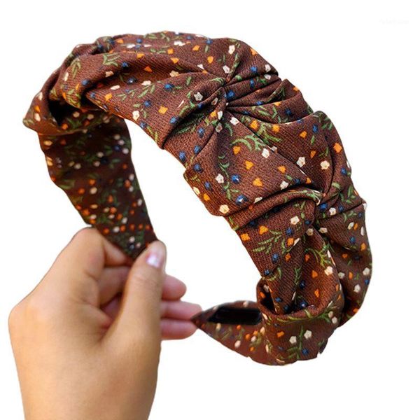 

2020 pastoral vintage women hair hoop sweet little floral print wrinkled wide bandana wide-brimmed headwear1, Slivery;white