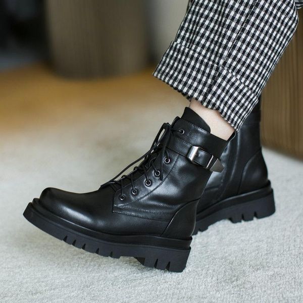 

women ankle boots autumn winter warm genuine leather low heels shoes woman round toe cross-tied motocycle boots1, Black