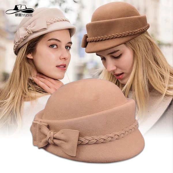 

european and american style bow warm beret. women's autumn and winter vintage wool hat. it's a hat. elegant woolen hat, Blue;gray
