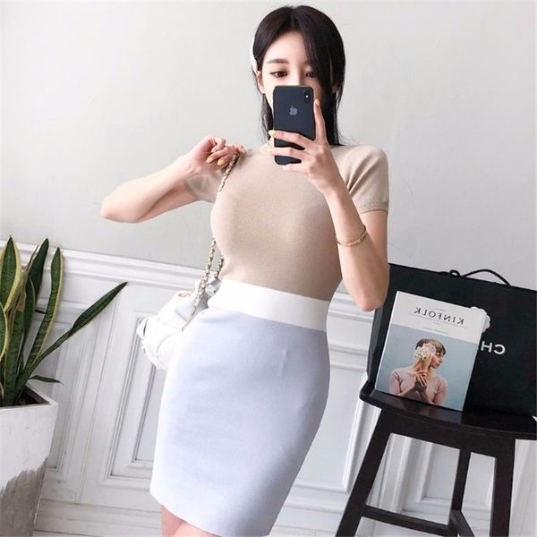 

2021 New Sexy Mini Feminine Round Collar Elegant Contrast Color Stretchy Bandage Short Dress 1L9B, Black;gray