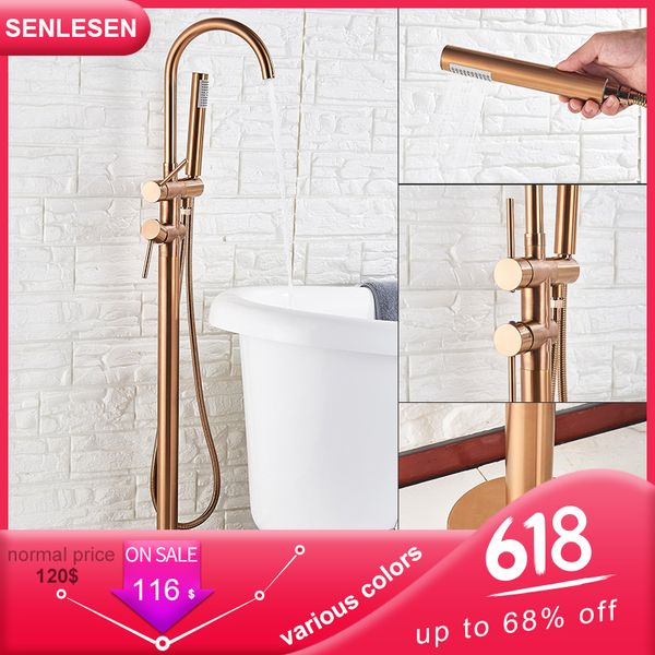 Senlesen Rosa Floor Golden Floor Livre Torneira Única Controle Dual Controle Frio Misturador De Água Quente Torneira Para Banheira Duche Bath T200710