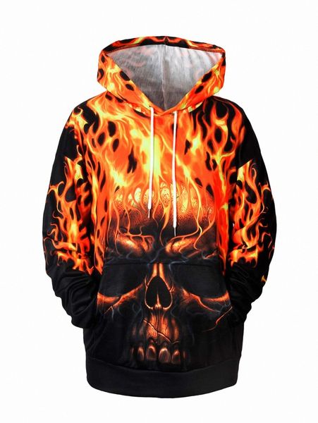 

men fire & skull print kangaroo pocket drawstring hoodie 83te#, Black