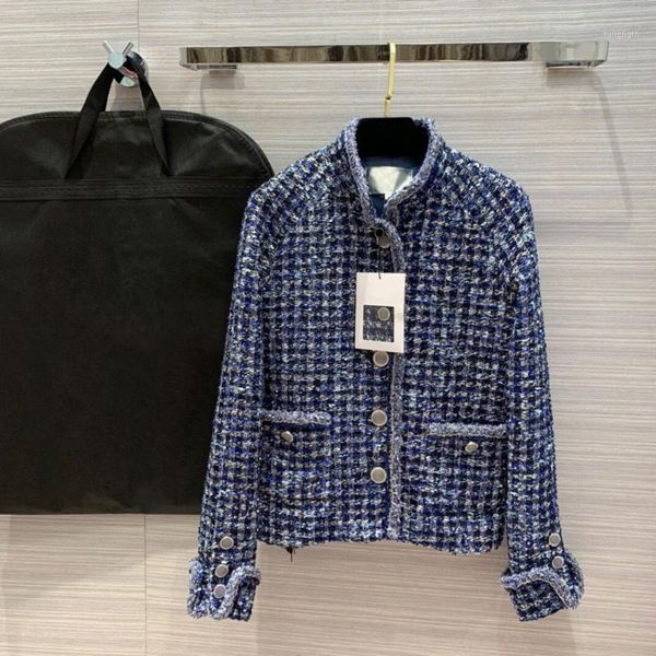 

2020 fashion design luxury tweed jacket women blue contrast plaid woven diamonds button chain silk liner elegant vintage coat1, Black